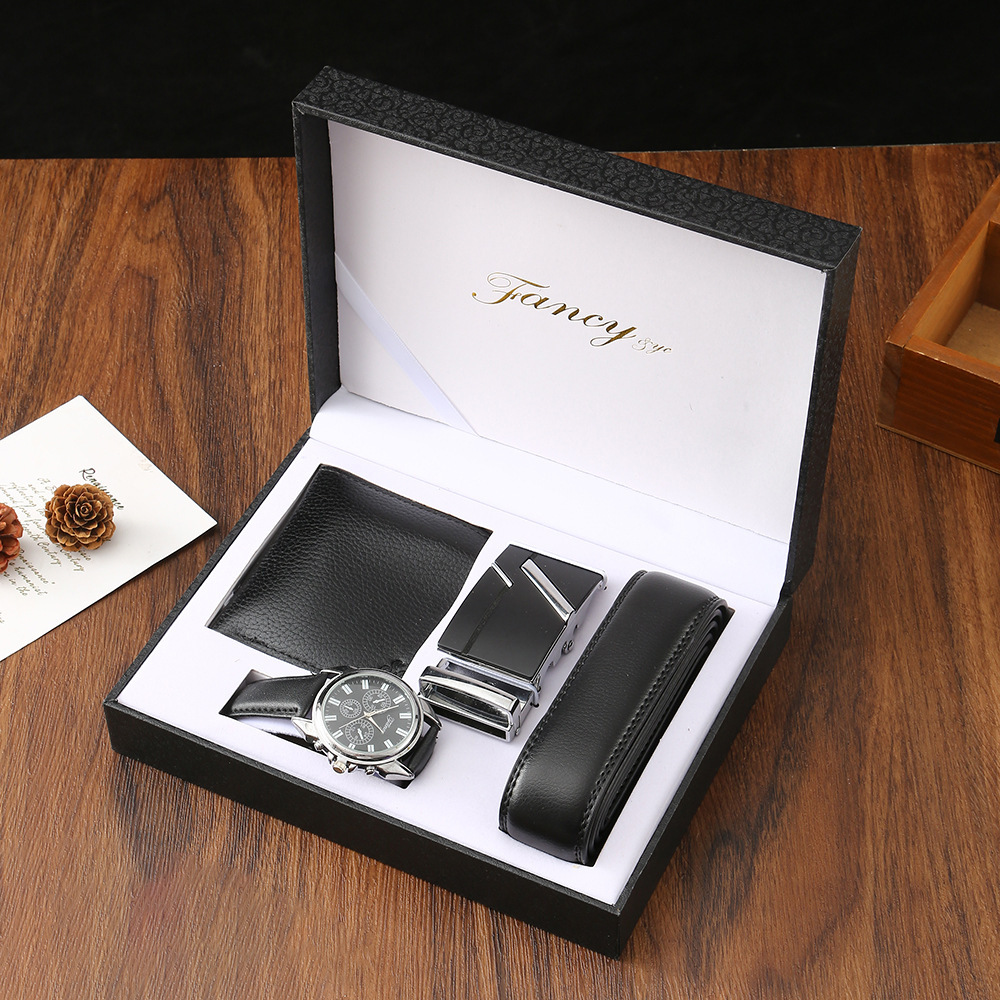 4 piece set-wallet leather belt waterproof watch wooden box