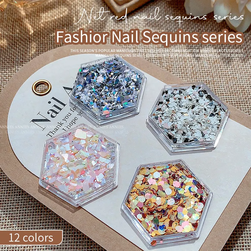 12 colores Flash Shell Nail Ornament Diamonds Nail Charms Lentejuelas Glitter Bulk Holographic Glitter Nail Art