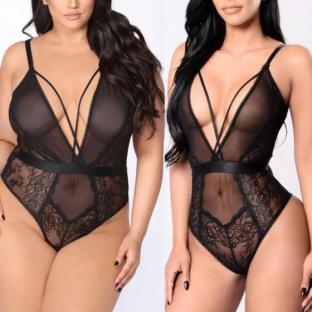 SacKnove W329 belle grande taille noir col en V dentelle maille voir à travers les sous-vêtements licou body Homewear une pièce Lingerie Sexy