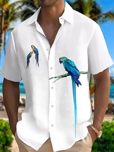 Erkek düğme aşağı gömlek, yaz havai gömleği, papağan desen kısa kollu gömlek - Product Image 2