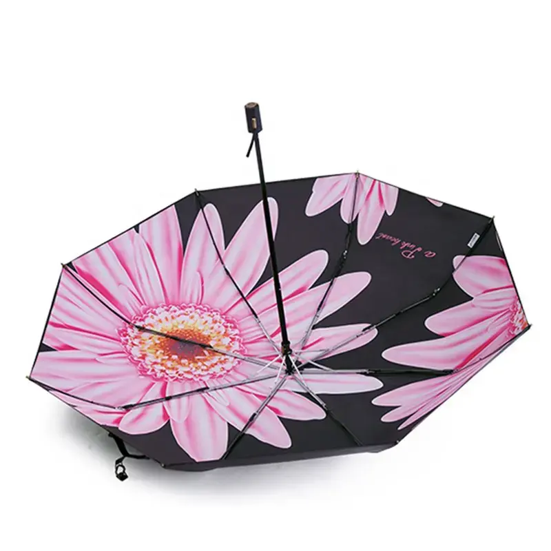 Ombrello decorativo per fiori con rivestimento nero pieghevole manuale personalizzato a tre produttori con stampa del logo