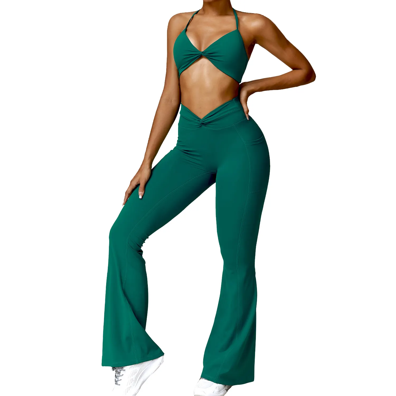 Personalizada de las mujeres cómodas elástico V Cut Twist Halter Neck Flare Pants Legging y Staple Bra Sets