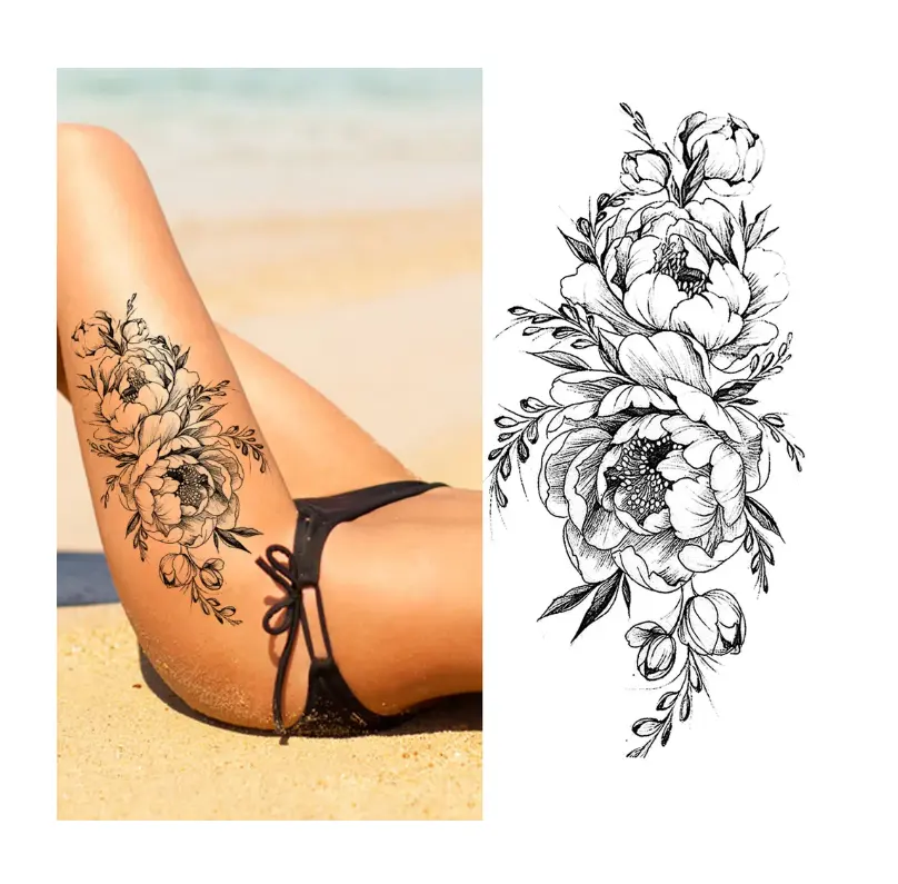 Sexy Black henna peônia flor mulheres corpo volta arte impermeável tatuagem temporária adesivos
