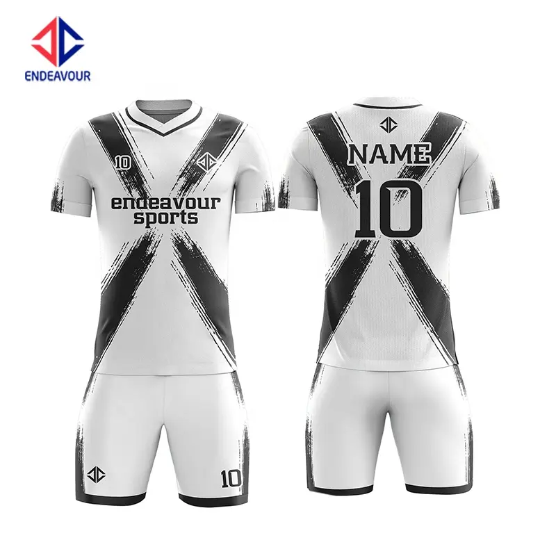 De secado rápido transpirable 100% poliéster plenamente impresión blanco y negro, ropa de fútbol conjunto camisetas uniforme para hombre