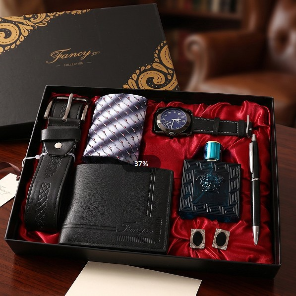 7-Pcs Black(Watch+Belt+Wallet+50ml Perfume+Pen+Keychain+Box)