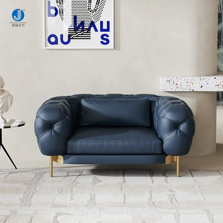 O sofá moderno do couro genuíno do projeto azul do luxo ajusta sofás da tração da sala 3 Seater Leather Set Sofa