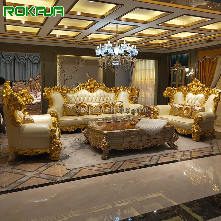 Luxo Sofás Estilo Europeu Esculpido Com Ouro Cor Afligida Mobília Do Oriente Médio Sofá De Couro Modular Conjunto Para 1 2 3 4 Assento
