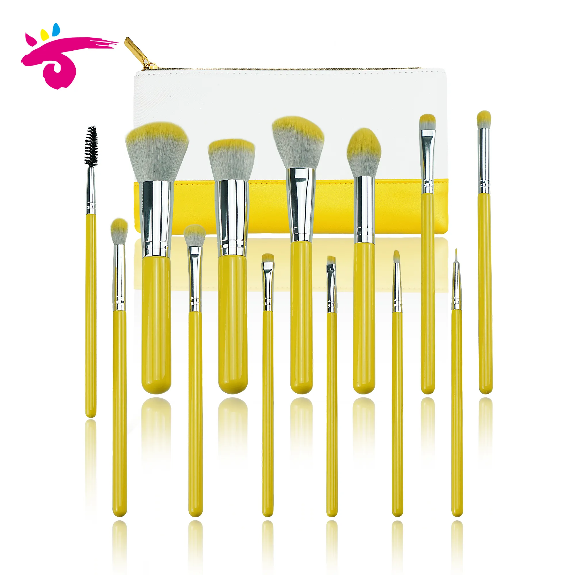 Conjunto de escovas de maquiagem neon amarelo, kit com 13 peças de escovas para cosméticos, limão brilhante, rótulo privado