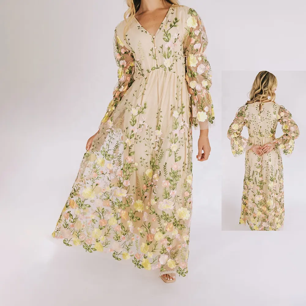 Vestido longo floral feminino vintage de verão com decote em V mangas lanterna transparente malha 2 camadas