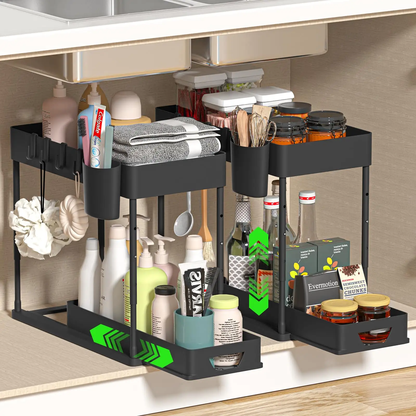 2 Tier Pull Out Cabinet Plastic Organizer Sliding Shelf Black Under Sink Storage And Organizer For Bathroom Kitchen With 4 Hooks