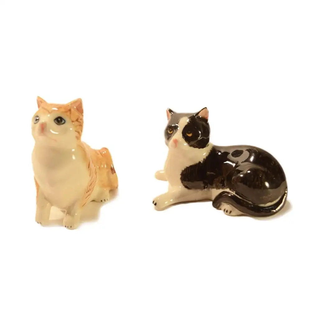 Estatueta pintada de cerâmica gato com estatueta, pintada à mão, 2 peças, 3 polegadas