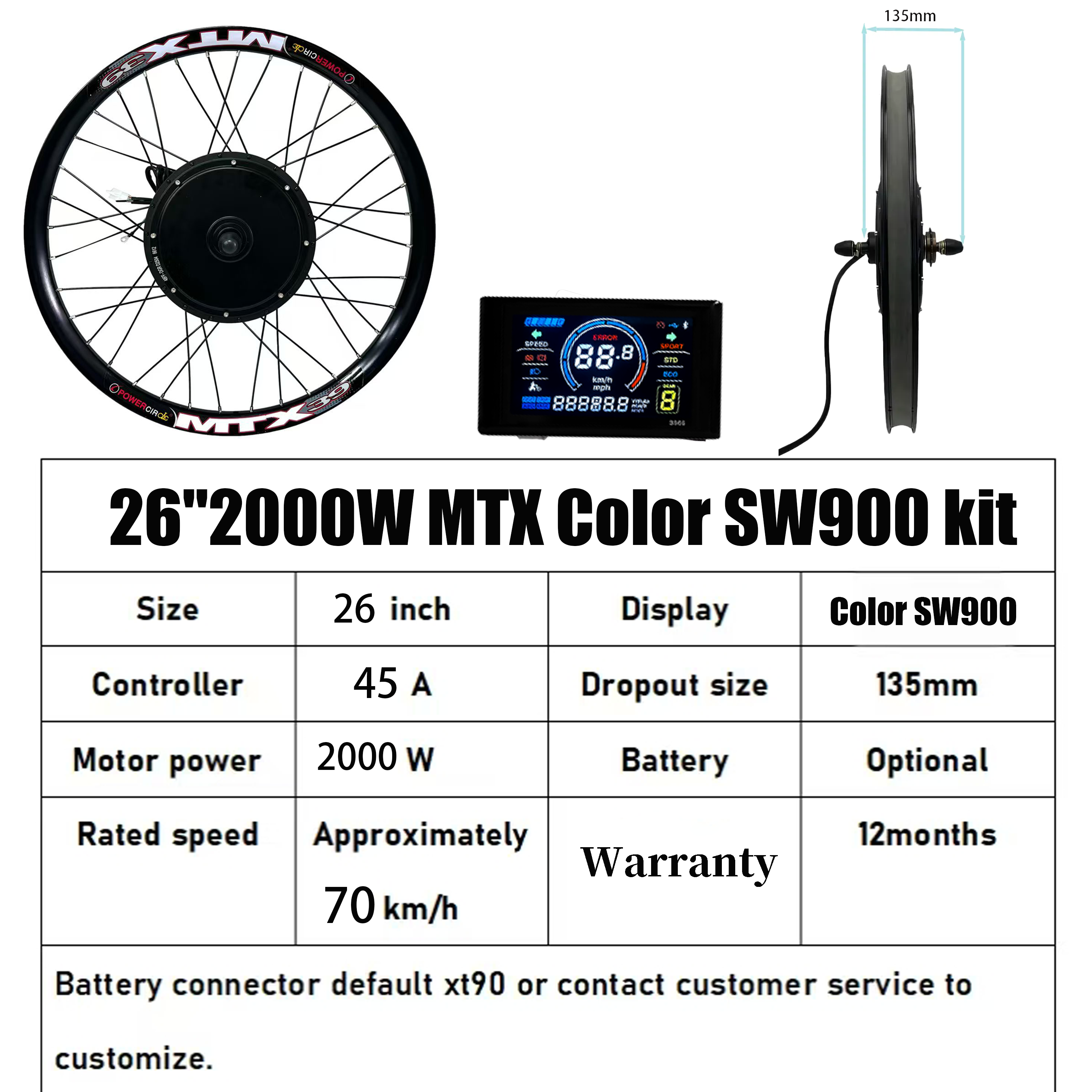 Kit moteur 26 pouces 3000W 72V Couleur SW900