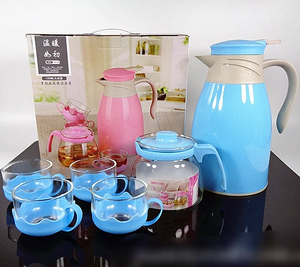粉色透明玻璃茶壶6件套茶壶注水器茶咖啡壶带4个花杯 - Product Image 6