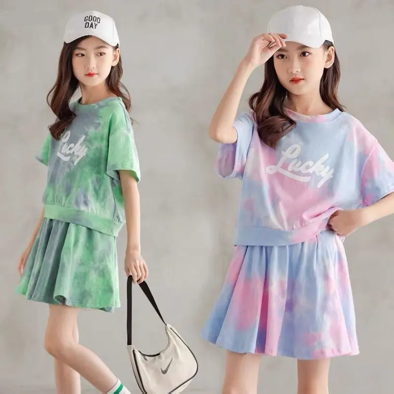 Korea Mode Teen Kid Girl Sommer Tie-Dye T-Shirt Rock Coole Kleidung Baumwolle Casual Kinder tragen 2 Stück Kleidung Sets