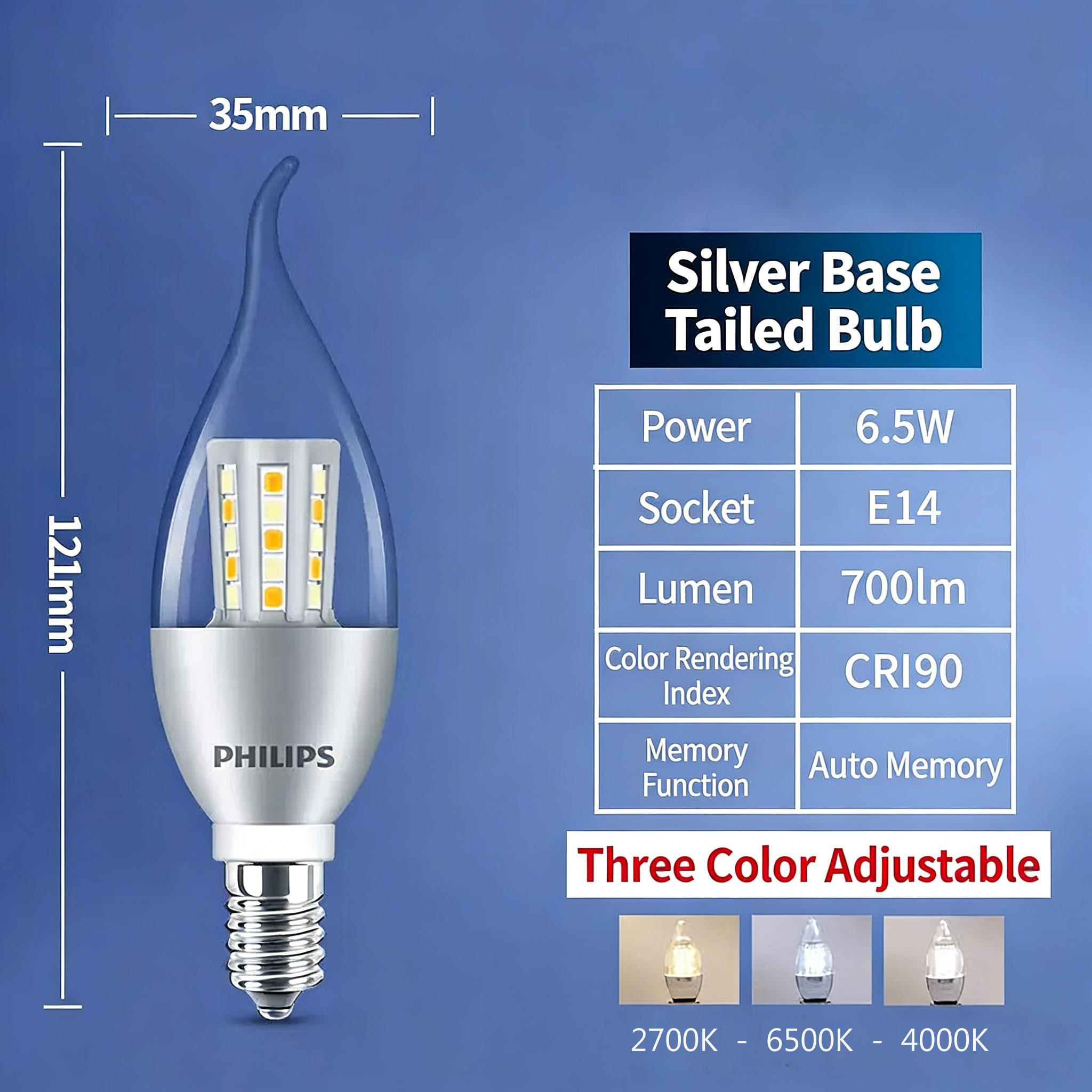 3 E14 6,5W 700lm 2700K Argent Dimmable