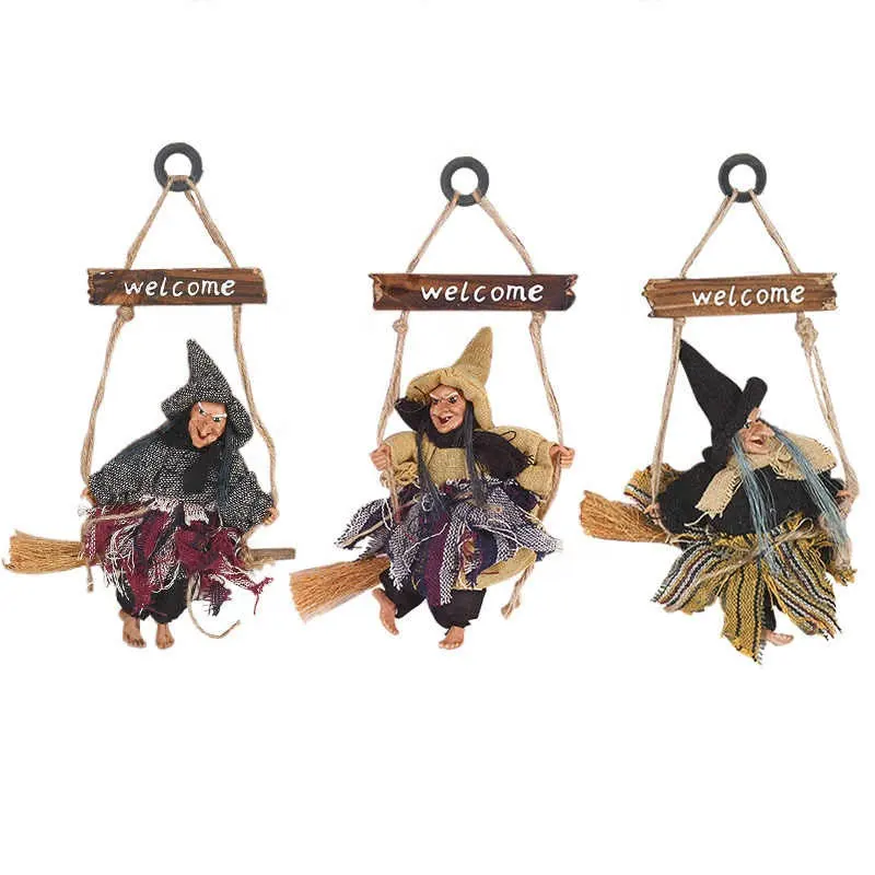 With Broom Pendant Halloween Party Decoration For Home DIY Wreath Halloween Horror Witch Doll Hanging Ornaments Flying Witch