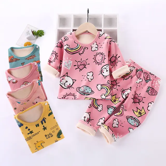 Sonbahar kış bebek polar-çizgili pijama çocuk termal pijama karikatür baskılı pijama setleri erkek kız iç çamaşırı
