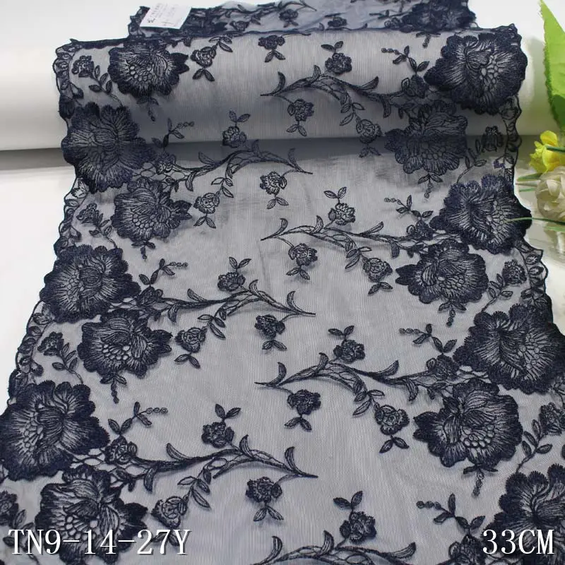 Хорошее качество, кружевная отделка с цветочной вышивкой для нижнего белья, темно-синяя эластичная сетчатая ткань