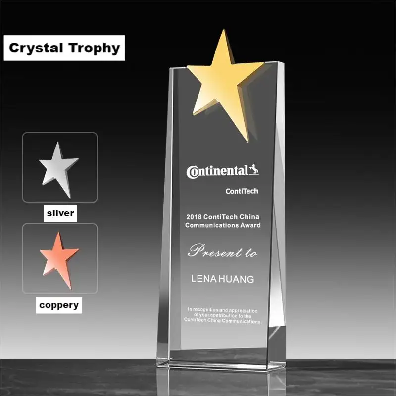 Premios de trofeo de cristal con logotipo de diseño en forma de estrella personalizado al por mayor, placa de recuerdo de cristal en blanco, Trofeo artesanal con estrella de metal