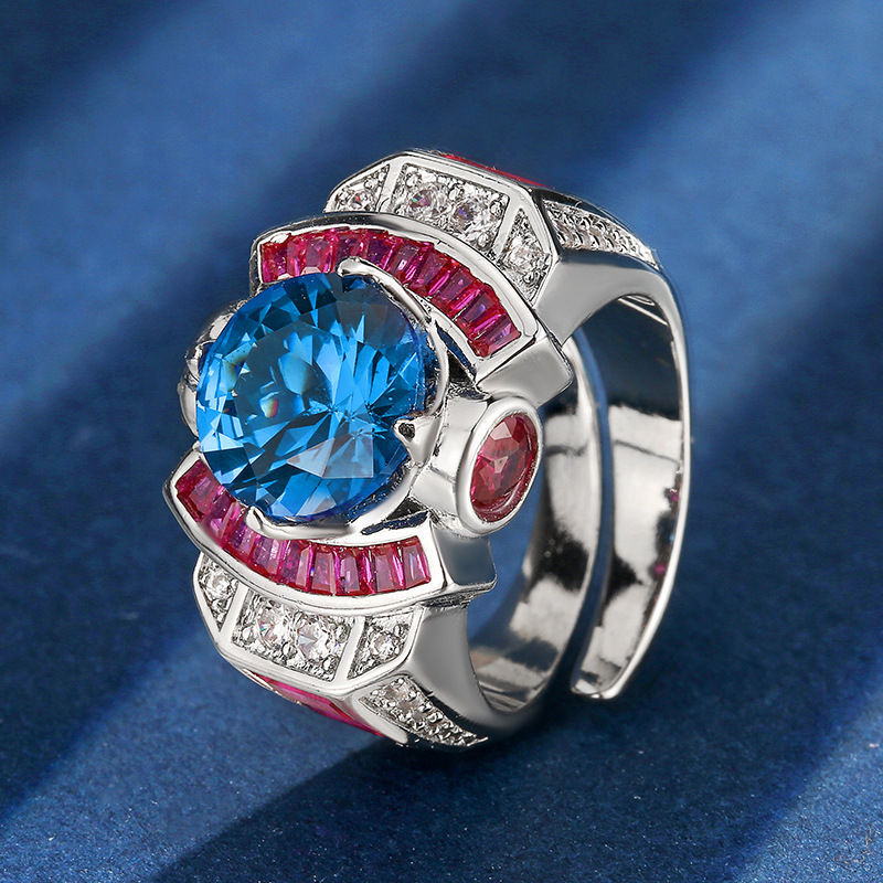 Bague bleue à cristal pointu, taille ajustable