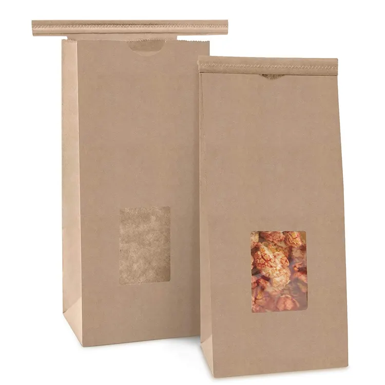 Square Block Flat Bottom Gusset Coffee Bean Tin Tie Dessert Kraft Paper Bag with Window