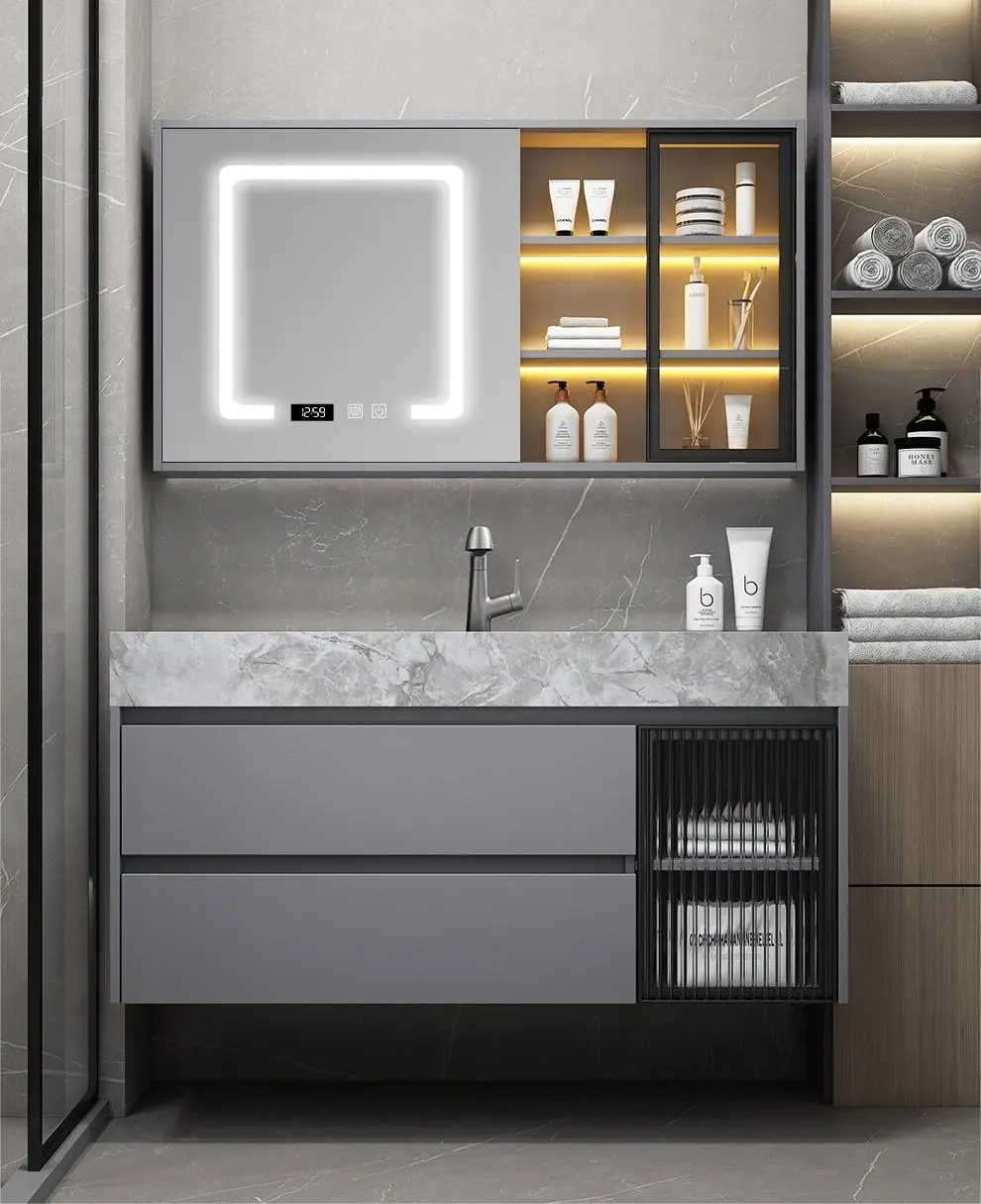 Mueble de baño de madera maciza, combinación de baño, lavabo de roca engrosada, gabinete de lavabo de baño, mayorista