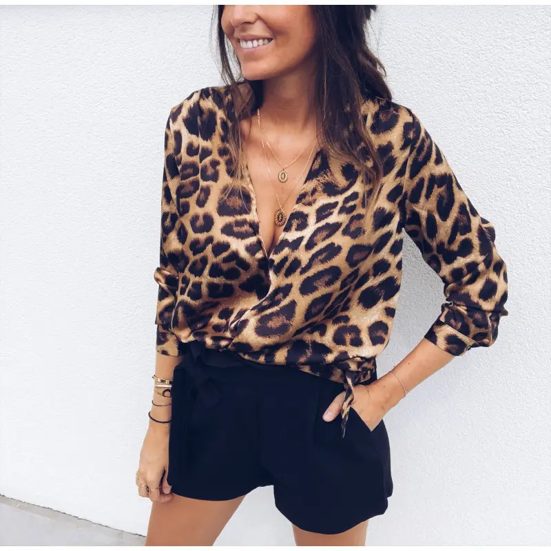 Damas moda estampado de leopardo camisa de manga larga con cuello en V profundo Sexy estampado de leopardo de manga larga Top de gasa