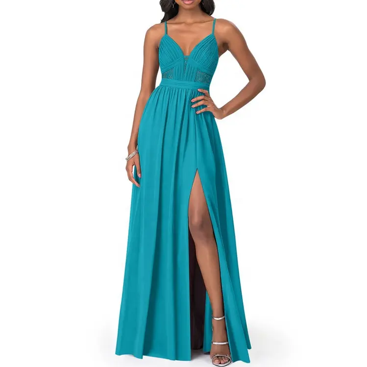 Vestido longo da dama de honra chiffon turquesa, vestido personalizado da dama de honra