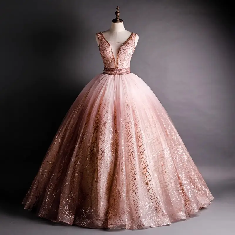 ZX-631 paillettes dentelle perlée col en V robe de bal vraie Photo robes de Quinceanera robe grande taille robes douces