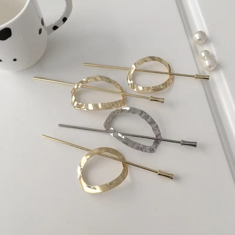 CLARMER Wholesale Fashion Vintage Korean Hair Accessories Women Hair Clip Geometric Oval Gold Silver Color Metal Hair Sticks