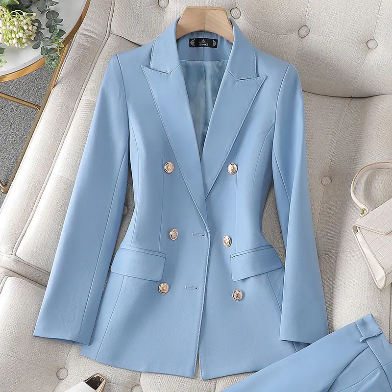 Großhandel Neueste Damen jacke Büro Damen anzüge Modedesign Metall knöpfe Zweiteiler Set Blazer und Hosen für Frauen