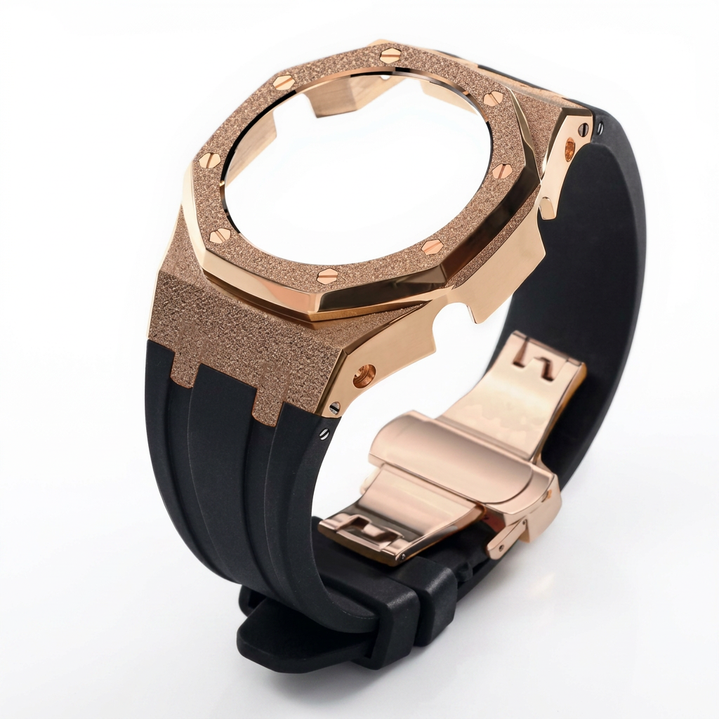 rose gold-case-black silicone strap