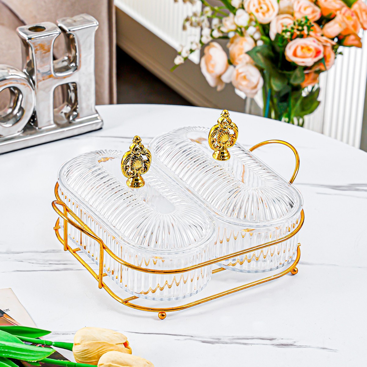 Cadre Fleur Or - Transparent - Grande Assiette Ovale - 2 Compartiments