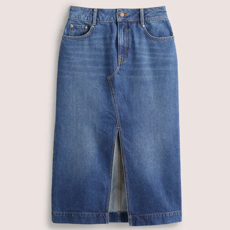 Saia de denim para meninas, saia de verão personalizada em atacado com fenda frontal lavada a linha sexy cherrydecote de cintura alta para meninas