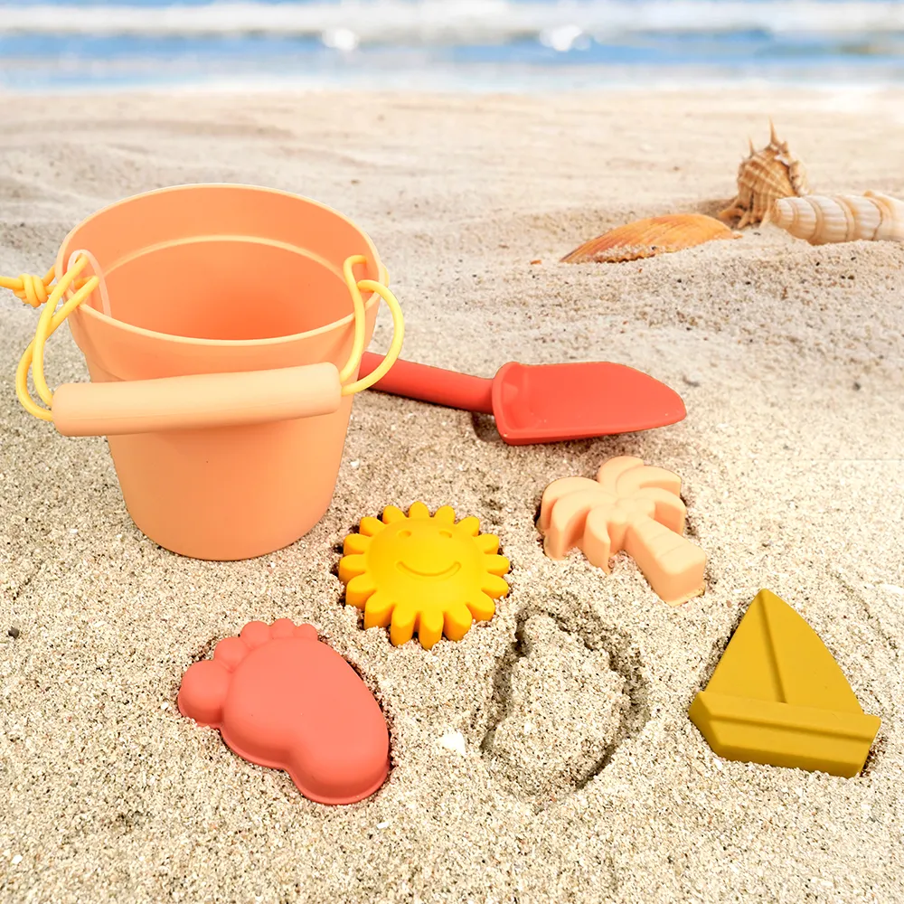Brinquedos de silicone para praia, balde de silicone portátil sem bpa para areia, brinquedos personalizados para praia