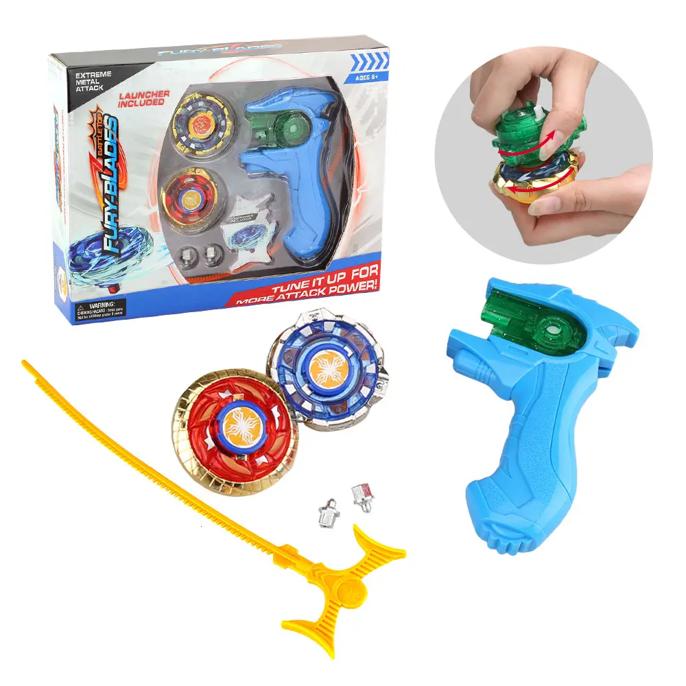 Battle 2 buah mainan Top Metal Spinning Top mainan dengan peluncur termasuk Set Starter dengan atasan berputar pegangan peluncur hadiah mainan untuk anak laki-laki