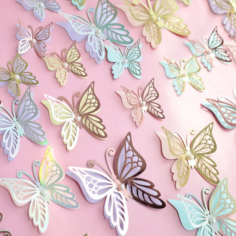 Borboletas de pérolas de papel dupla camada, decoração 3d para bolo, borboletas