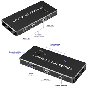 Repetidor de fecha y audio A126 4K 60Hz 8K 30Hz Conmutador KVM Displayport 1,4 USB 2,0 Tipo C 2 Entrada 4 Salida Conmutador KVM