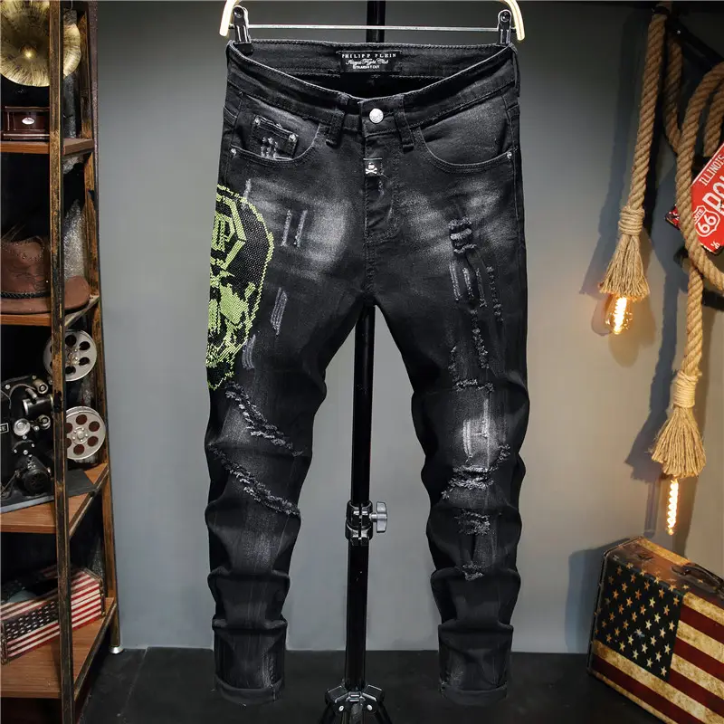 Ropa de calle con estampado para hombre, pantalones vaqueros negros superajustados con pintura, pantalones ajustados de perforación en caliente, 2021