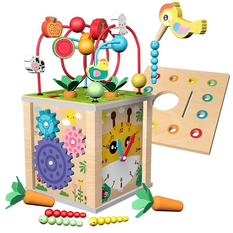Multifunctional Wooden Activity Cubes Pull Up Carrots Clock Cognition Games Bead Maze Ball Puzzle Educational Toys For Kids