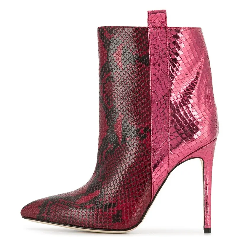 Botines de piel con tacón de aguja y punta estrecha para mujer, botas cortas de tacón alto, Color rojo y dorado