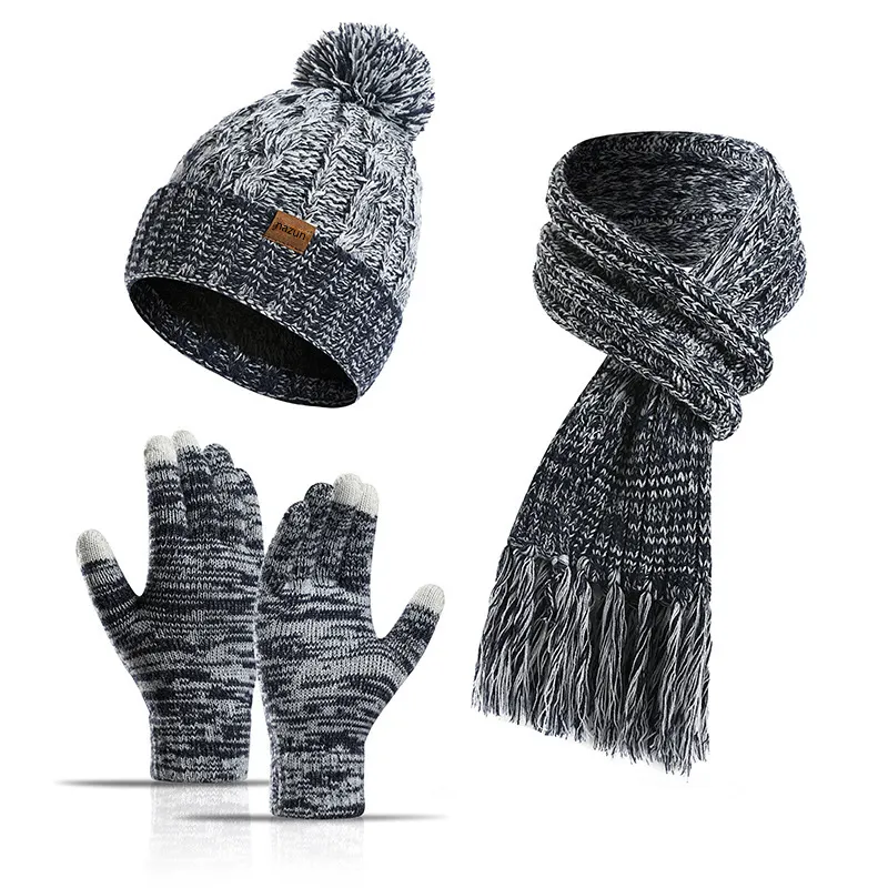 Ponpon sonbahar kış örgü bere kadın şapka takım elbise dokunmatik ekran eldiveni leopar baskı kız sıcak eşarp şapka eldiven setleri