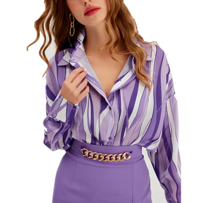 Blusa de manga larga con rayas verticales para Primavera, camisa holgada con solapa y botones para mujer, 2023
