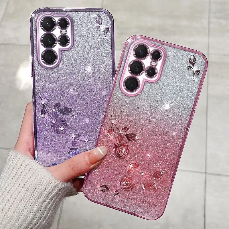 Fashion Lady Gradient Glitter Silikon hülle für Samsung Galaxy S23 S22 Ultra S23 Plus S21 FE Note 20 Plated Rose Floral Soft Case