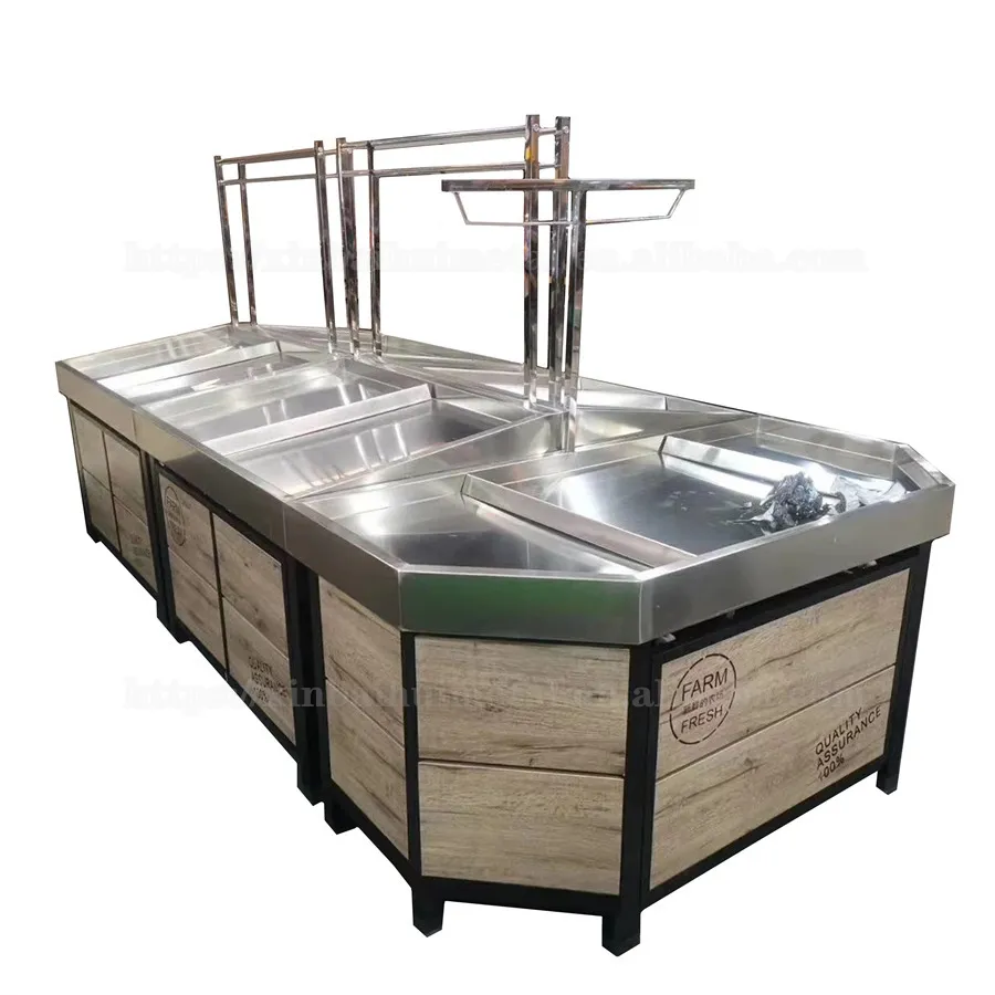 Xinbaihui Fresh Supermarket Shelves Thickened Stainless Steel Basin New Steel Wood Vegetable And Fruit Display Stand