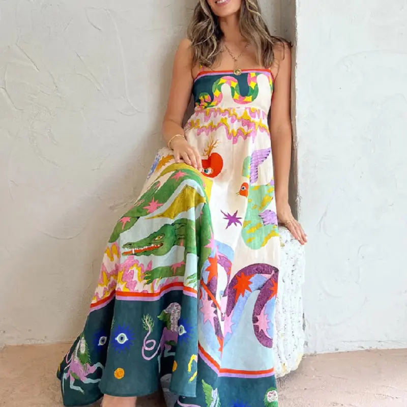 Vestido elegante de cintura alta estampado para mulheres americanas europeias, moda casual com estampa floral, novidade de verão 2024