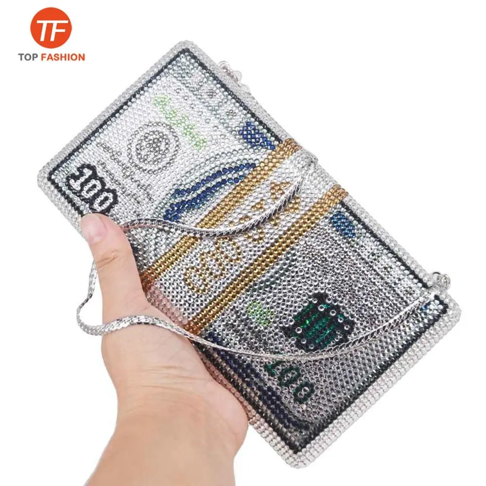 2020 Crystal Money Purse Stack of Cash Clutch USD Dollar Design Luxury Diamond Evening Party Clutch Purse From Factory