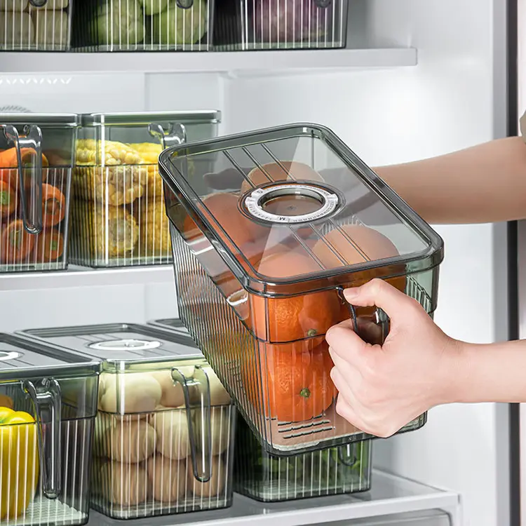 Caixa de plástico para armazenar alimentos, recipiente para armazenar alimentos frescos com alça e tampa