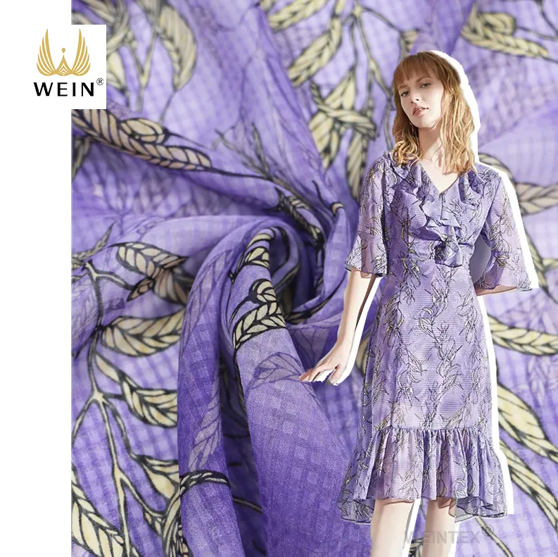 WI-J05 roxo jacquard tecido 75gsm xadrez chiffon floral impresso tecido para vestido