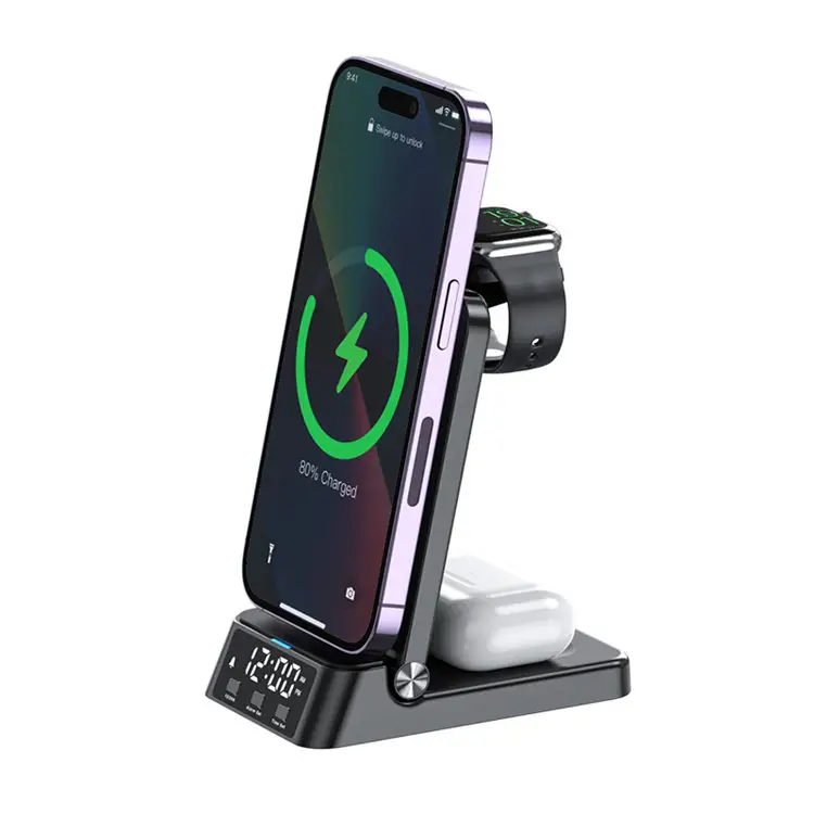 Hot Selling Neue Produkte Wireless Charger Stand 4-in-1 Qi Handy Schnell ladestation mit Wecker für iPhone